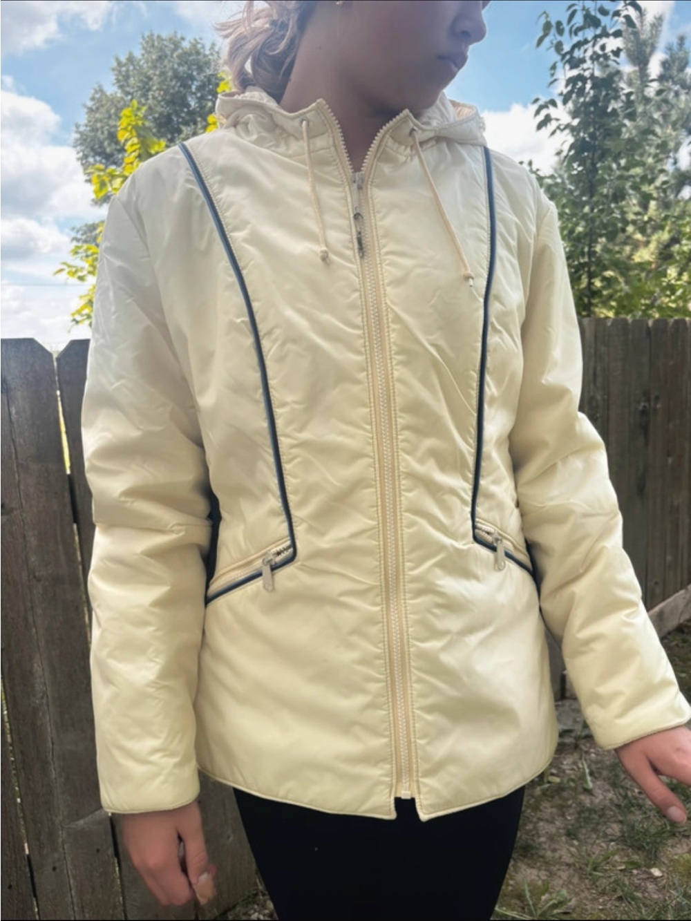 Vintage White Stag Ivory Puffer Ski Jacket Blue Trim Retro 80s 90s Winter Coat